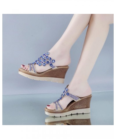 Women Rhinestone Sandals Fashion Ladies Summer Open Toe Soft Slippers Breathable Beach Slip On Wedges Girls Shoes Blue $17.64...