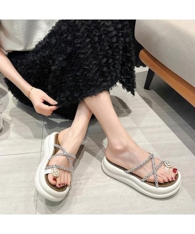 Trendy Glitter Cross Strappy Platform Wedge Sandals for Women Open Toe Floral Toe Ring Flipflop Sandal Apricot $17.15 Sandals