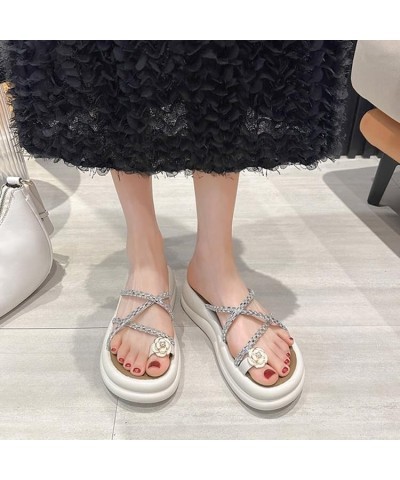 Trendy Glitter Cross Strappy Platform Wedge Sandals for Women Open Toe Floral Toe Ring Flipflop Sandal Apricot $17.15 Sandals