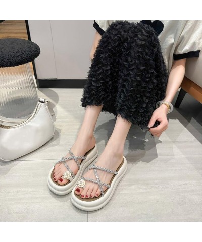 Trendy Glitter Cross Strappy Platform Wedge Sandals for Women Open Toe Floral Toe Ring Flipflop Sandal Apricot $17.15 Sandals