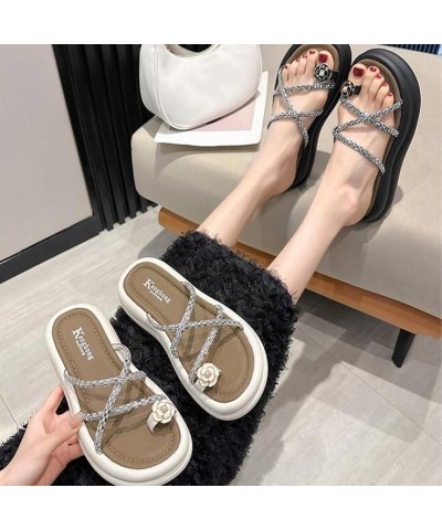 Trendy Glitter Cross Strappy Platform Wedge Sandals for Women Open Toe Floral Toe Ring Flipflop Sandal Apricot $17.15 Sandals