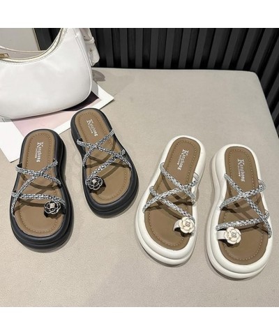 Trendy Glitter Cross Strappy Platform Wedge Sandals for Women Open Toe Floral Toe Ring Flipflop Sandal Apricot $17.15 Sandals