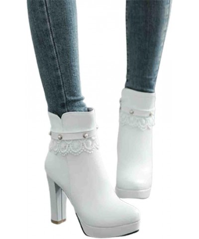 Ladies Lace Ankle Boots Winter Sexy High Heels Ankle Boots with Zipper Fashion British Style Short Boots with Pearl Buckle PU...