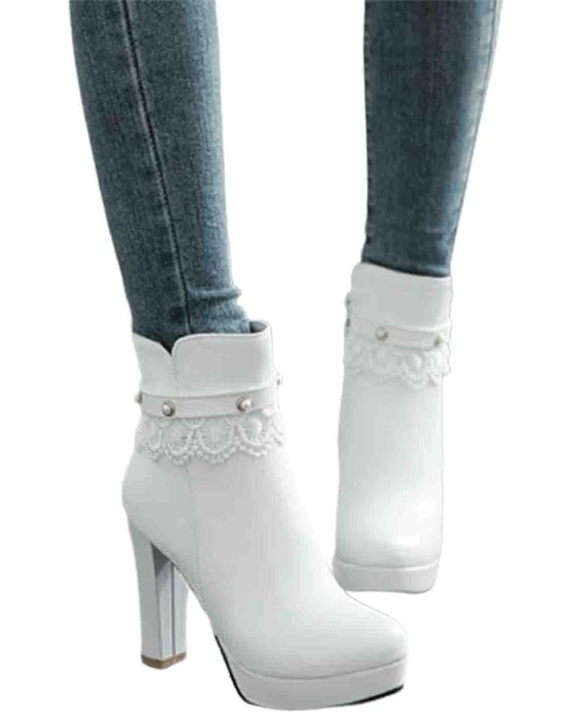 Ladies Lace Ankle Boots Winter Sexy High Heels Ankle Boots with Zipper Fashion British Style Short Boots with Pearl Buckle PU...