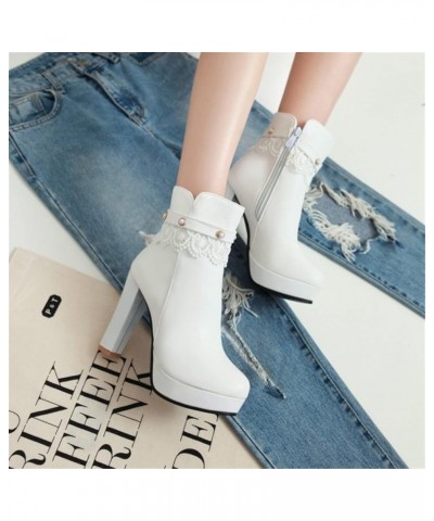 Ladies Lace Ankle Boots Winter Sexy High Heels Ankle Boots with Zipper Fashion British Style Short Boots with Pearl Buckle PU...