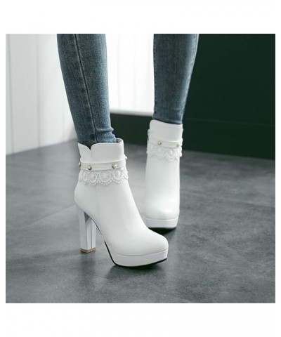 Ladies Lace Ankle Boots Winter Sexy High Heels Ankle Boots with Zipper Fashion British Style Short Boots with Pearl Buckle PU...