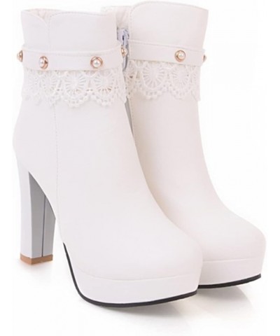 Ladies Lace Ankle Boots Winter Sexy High Heels Ankle Boots with Zipper Fashion British Style Short Boots with Pearl Buckle PU...