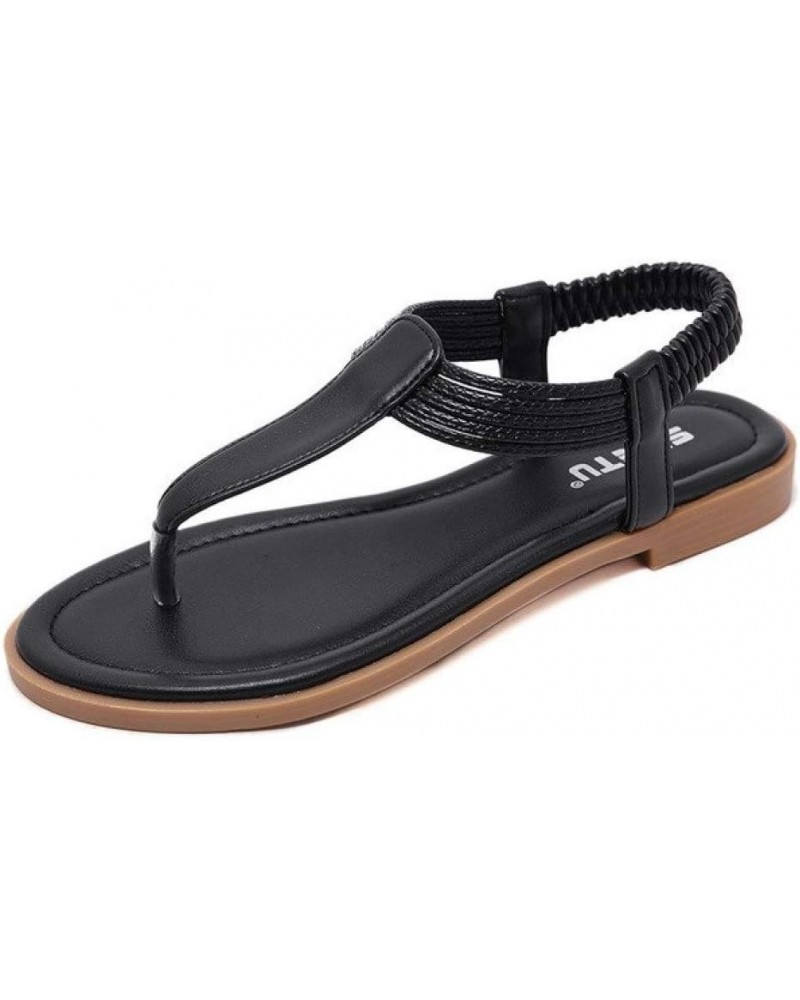 Women's Classic T Strap Flat Sandals Comfortable Elastic Strap Slingback Bohemian Beach Casual Shoes Black $17.63 Sandals