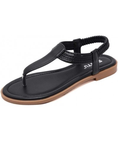 Women's Classic T Strap Flat Sandals Comfortable Elastic Strap Slingback Bohemian Beach Casual Shoes Black $17.63 Sandals