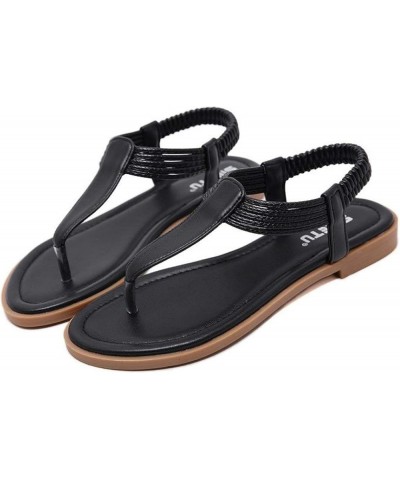 Women's Classic T Strap Flat Sandals Comfortable Elastic Strap Slingback Bohemian Beach Casual Shoes Black $17.63 Sandals