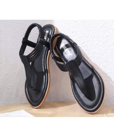 Women's Classic T Strap Flat Sandals Comfortable Elastic Strap Slingback Bohemian Beach Casual Shoes Black $17.63 Sandals