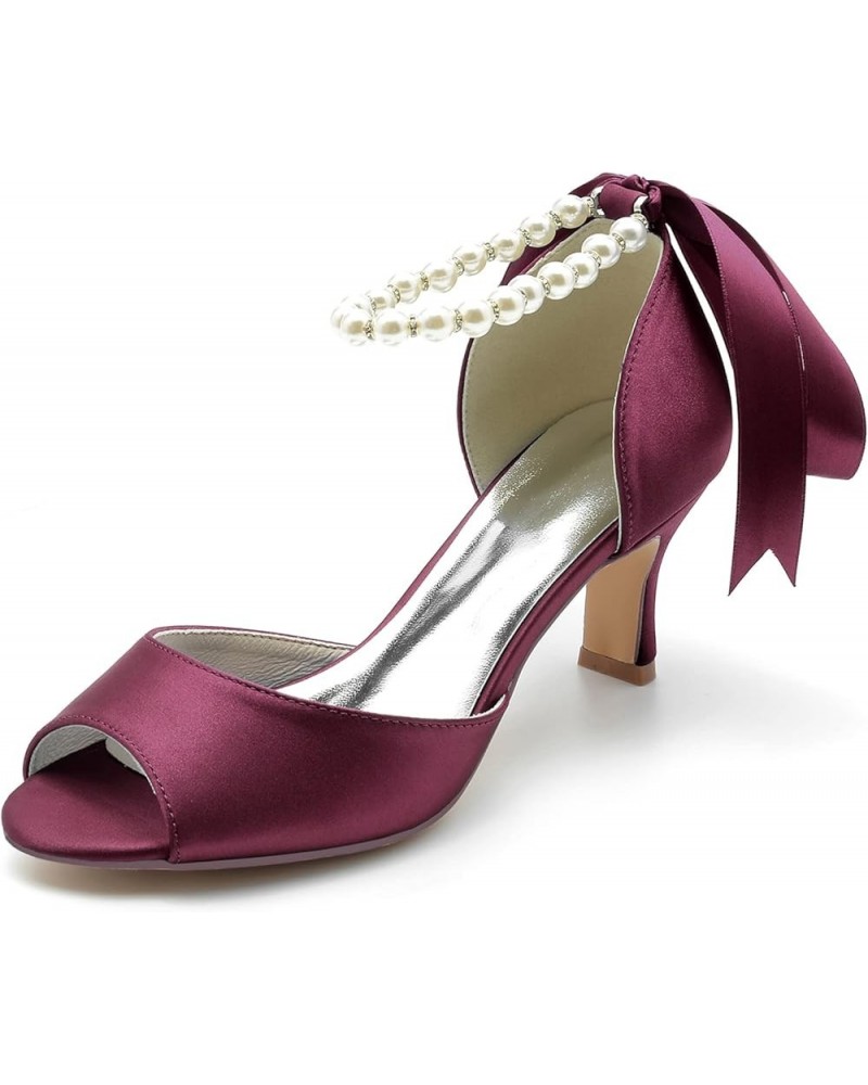 Women Satin Pearls Wedding Shoes for Bride Peep Toe Ribbon Tie Formal Party Dress Pumps Sandles Burgundy $30.52 Pumps