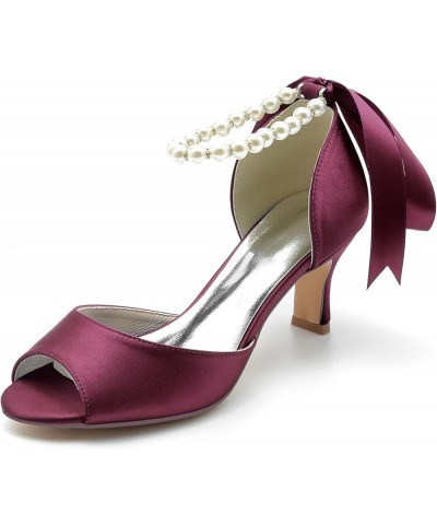 Women Satin Pearls Wedding Shoes for Bride Peep Toe Ribbon Tie Formal Party Dress Pumps Sandles Burgundy $30.52 Pumps