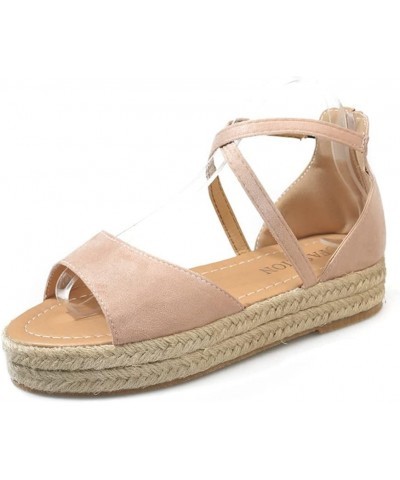 Women's Open Toes Straps Wedge Sandals Low Heels Hemp Rope Summer Platform Wedding Ankle Strap Sandals Khaki $15.06 Sandals