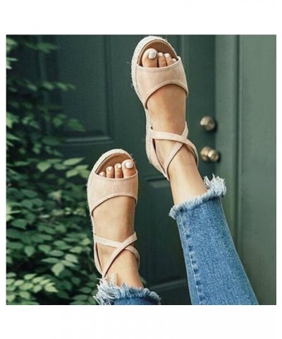 Women's Open Toes Straps Wedge Sandals Low Heels Hemp Rope Summer Platform Wedding Ankle Strap Sandals Khaki $15.06 Sandals