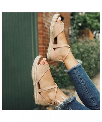 Women's Open Toes Straps Wedge Sandals Low Heels Hemp Rope Summer Platform Wedding Ankle Strap Sandals Khaki $15.06 Sandals