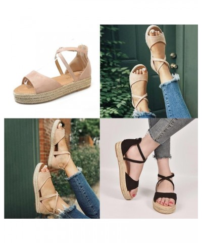 Women's Open Toes Straps Wedge Sandals Low Heels Hemp Rope Summer Platform Wedding Ankle Strap Sandals Khaki $15.06 Sandals