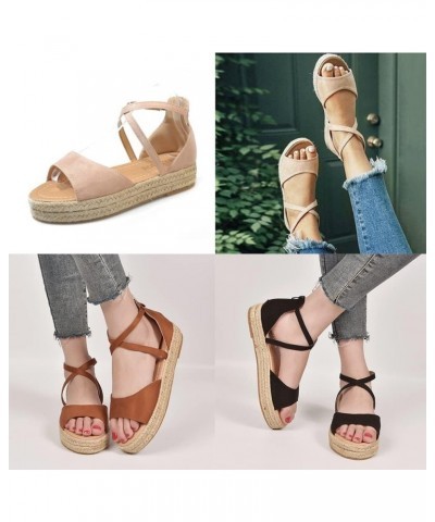 Women's Open Toes Straps Wedge Sandals Low Heels Hemp Rope Summer Platform Wedding Ankle Strap Sandals Khaki $15.06 Sandals