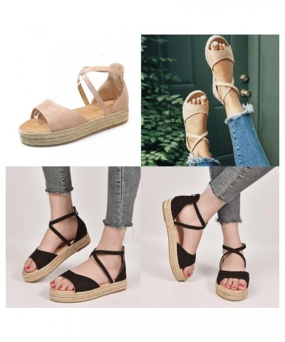 Women's Open Toes Straps Wedge Sandals Low Heels Hemp Rope Summer Platform Wedding Ankle Strap Sandals Khaki $15.06 Sandals