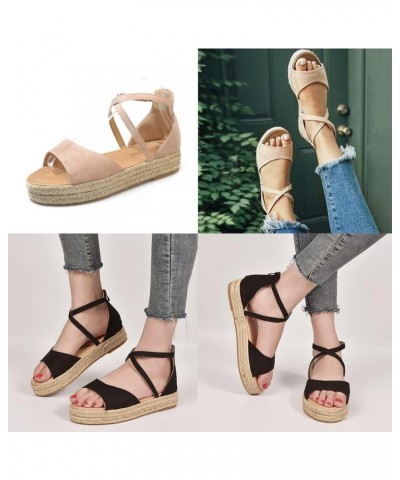 Women's Open Toes Straps Wedge Sandals Low Heels Hemp Rope Summer Platform Wedding Ankle Strap Sandals Khaki $15.06 Sandals