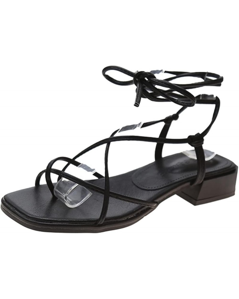 Women Strappy Lace Up Low Heel Sandals Summer Beach Outdoor Walking Shoes Casual Soft Flip Flops for Girls Ladies Black $23.3...