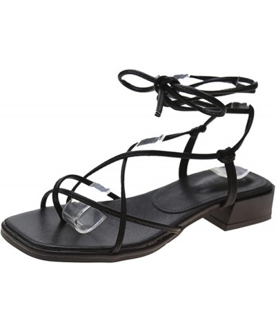 Women Strappy Lace Up Low Heel Sandals Summer Beach Outdoor Walking Shoes Casual Soft Flip Flops for Girls Ladies Black $23.3...