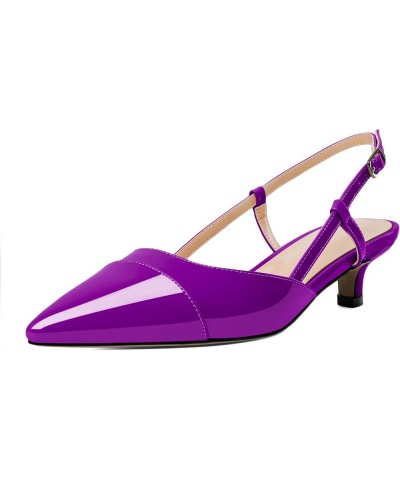 Women Slingback Low Kitten Heel Pumps Cap Pointed Toe Dress Shoes 1.5 Inch Heeled Sandals with Adjustable Strap Patent Purple...