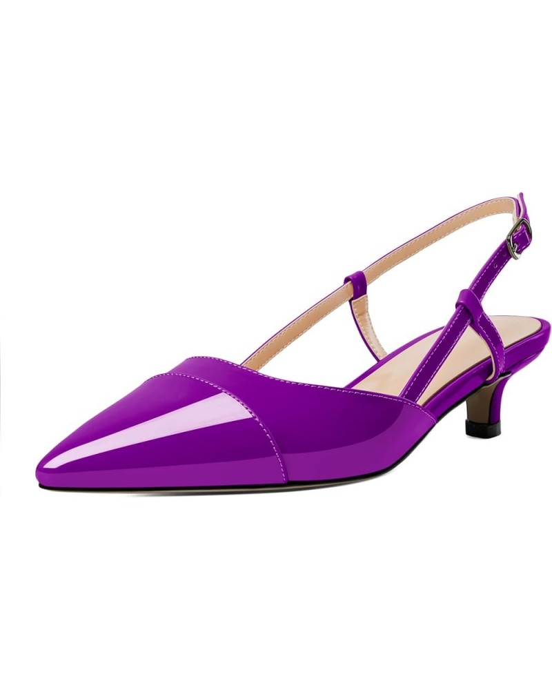 Women Slingback Low Kitten Heel Pumps Cap Pointed Toe Dress Shoes 1.5 Inch Heeled Sandals with Adjustable Strap Patent Purple...