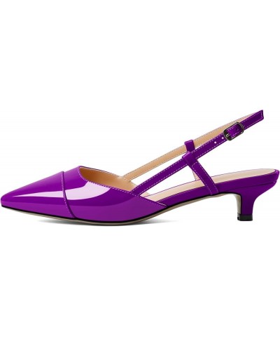 Women Slingback Low Kitten Heel Pumps Cap Pointed Toe Dress Shoes 1.5 Inch Heeled Sandals with Adjustable Strap Patent Purple...