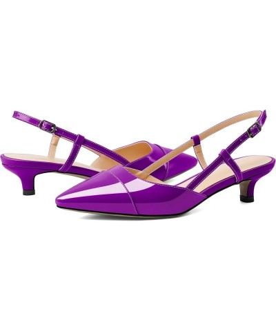 Women Slingback Low Kitten Heel Pumps Cap Pointed Toe Dress Shoes 1.5 Inch Heeled Sandals with Adjustable Strap Patent Purple...