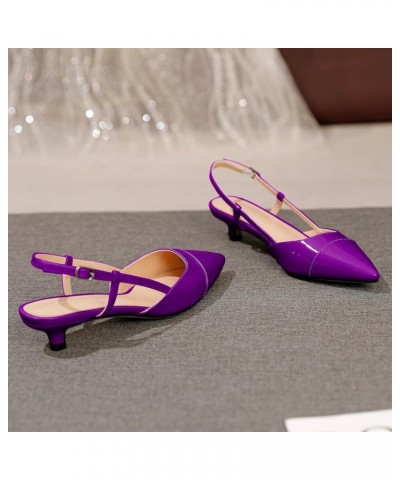 Women Slingback Low Kitten Heel Pumps Cap Pointed Toe Dress Shoes 1.5 Inch Heeled Sandals with Adjustable Strap Patent Purple...