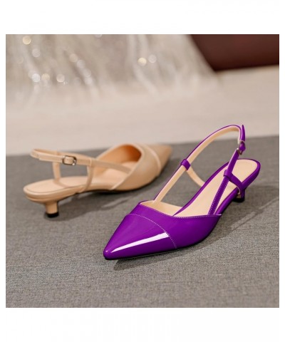 Women Slingback Low Kitten Heel Pumps Cap Pointed Toe Dress Shoes 1.5 Inch Heeled Sandals with Adjustable Strap Patent Purple...