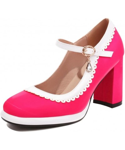 Mary Jane High Heels Cute Platform Square Toe Chunky Heel Ankle Strap Pumps Hot Pink $28.90 Pumps