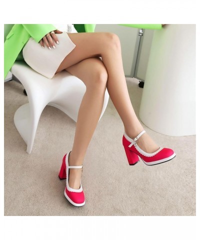 Mary Jane High Heels Cute Platform Square Toe Chunky Heel Ankle Strap Pumps Hot Pink $28.90 Pumps