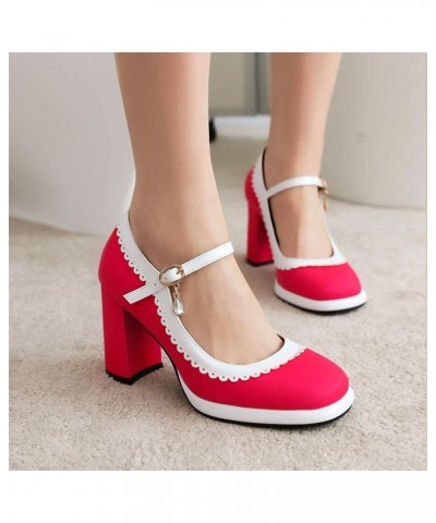 Mary Jane High Heels Cute Platform Square Toe Chunky Heel Ankle Strap Pumps Hot Pink $28.90 Pumps