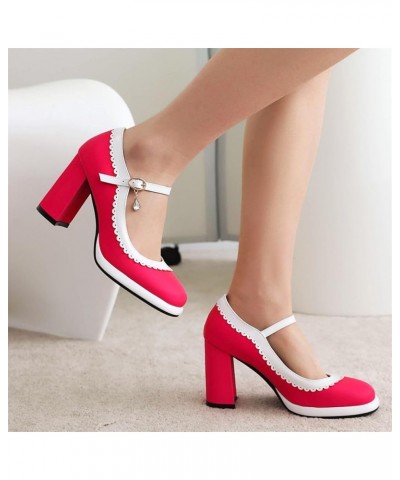 Mary Jane High Heels Cute Platform Square Toe Chunky Heel Ankle Strap Pumps Hot Pink $28.90 Pumps