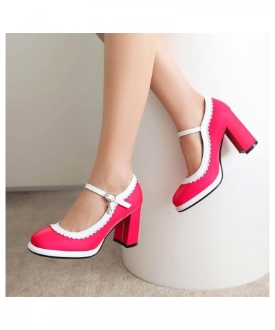 Mary Jane High Heels Cute Platform Square Toe Chunky Heel Ankle Strap Pumps Hot Pink $28.90 Pumps