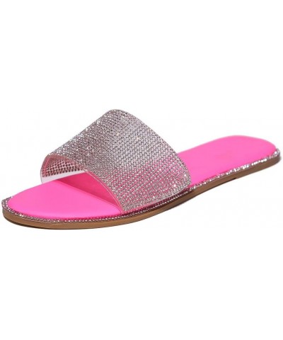 Open Toe Sandals Womens Plus Size Slide Sandal Colorful Rhinestone Flat Sandals Casual Slip on Sandals Summer E Hot Pink $10....