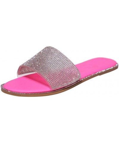 Open Toe Sandals Womens Plus Size Slide Sandal Colorful Rhinestone Flat Sandals Casual Slip on Sandals Summer E Hot Pink $10....