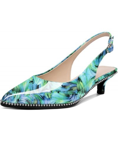 Women's Slingback Kitten Heels Pointed Toe Low Heel Pumps Ankle-Strap with Beaded Pumps Dress Shoes 1.6 Inches Floral Green $...