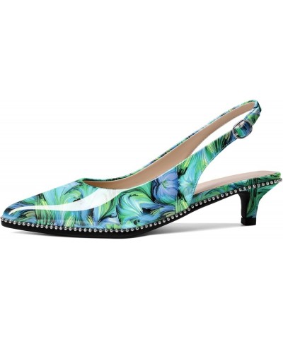 Women's Slingback Kitten Heels Pointed Toe Low Heel Pumps Ankle-Strap with Beaded Pumps Dress Shoes 1.6 Inches Floral Green $...