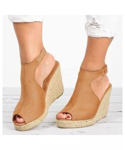 Wedge Sandals for Women Buckle Ankle Strap Open Toe Platform Sandals for Women Comfortable Platform Wedges Khaki-platform San...