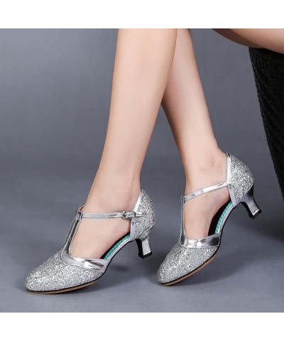 T-Strap Dance Shoes Girl Latin Dance Shoes Med-Heels Satin Shoes Party Tango Salsa Dance Shoes Z 04-silver $21.35 Athletic Shoes