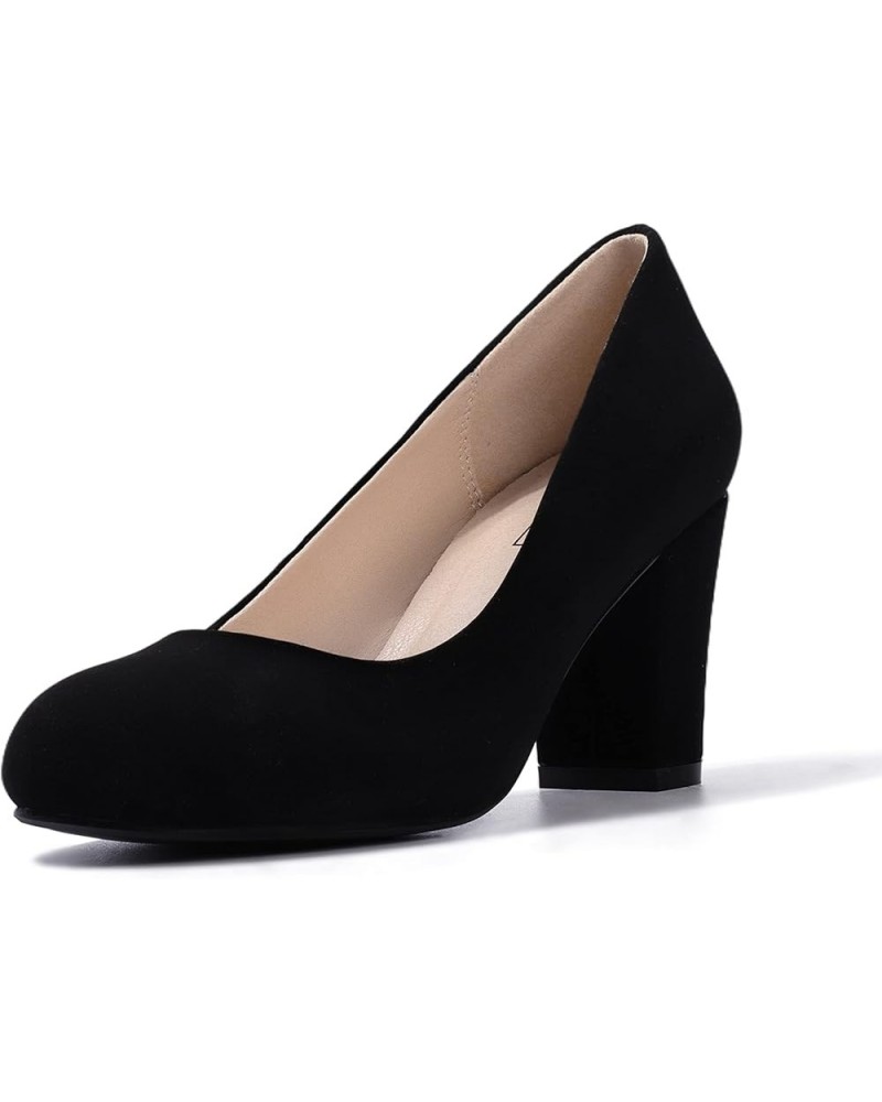 Women's Sherry Dress Low Block Chunky Heels Pumps Closed Round Toe Shoes for Wedding Office Evening Black Nubuck $27.13 Pumps