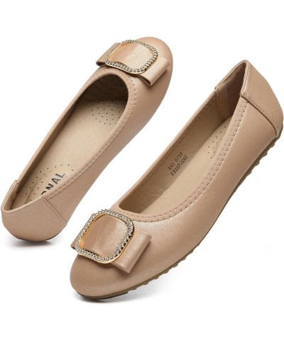 Women's Comfortable Flat Shoes - Round Toe Classic Cute Bow Metal Buckle Slip on Ballet Flats Gold $13.25 Flats