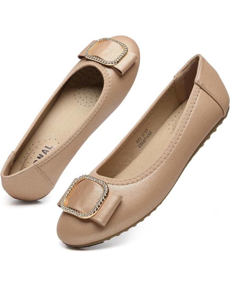 Women's Comfortable Flat Shoes - Round Toe Classic Cute Bow Metal Buckle Slip on Ballet Flats Gold $13.25 Flats