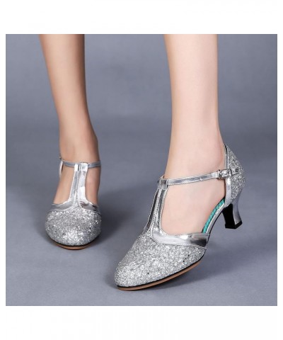 T-Strap Dance Shoes Girl Latin Dance Shoes Med-Heels Satin Shoes Party Tango Salsa Dance Shoes Z 04-silver $21.35 Athletic Shoes