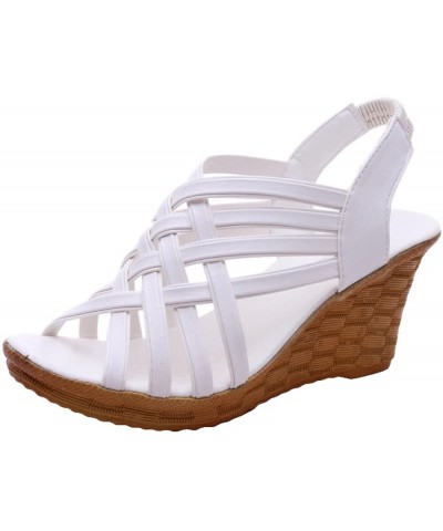 Sandals for Women Strappy Elastic Wedge Sandals Ankle Strap Summer Beach Outdoor Comfortable Casual Shoes Rome Sandals White ...