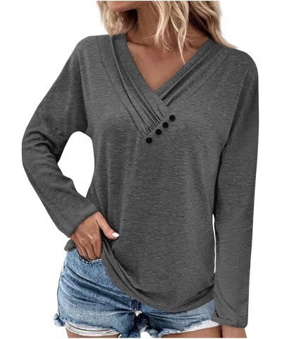 Womens Fall Fashion 2023 Long Sleeve Solid Color Pullover Chest Panel Ruched Button V Neck T Shirt Dressy Outfits 4-gray $10....