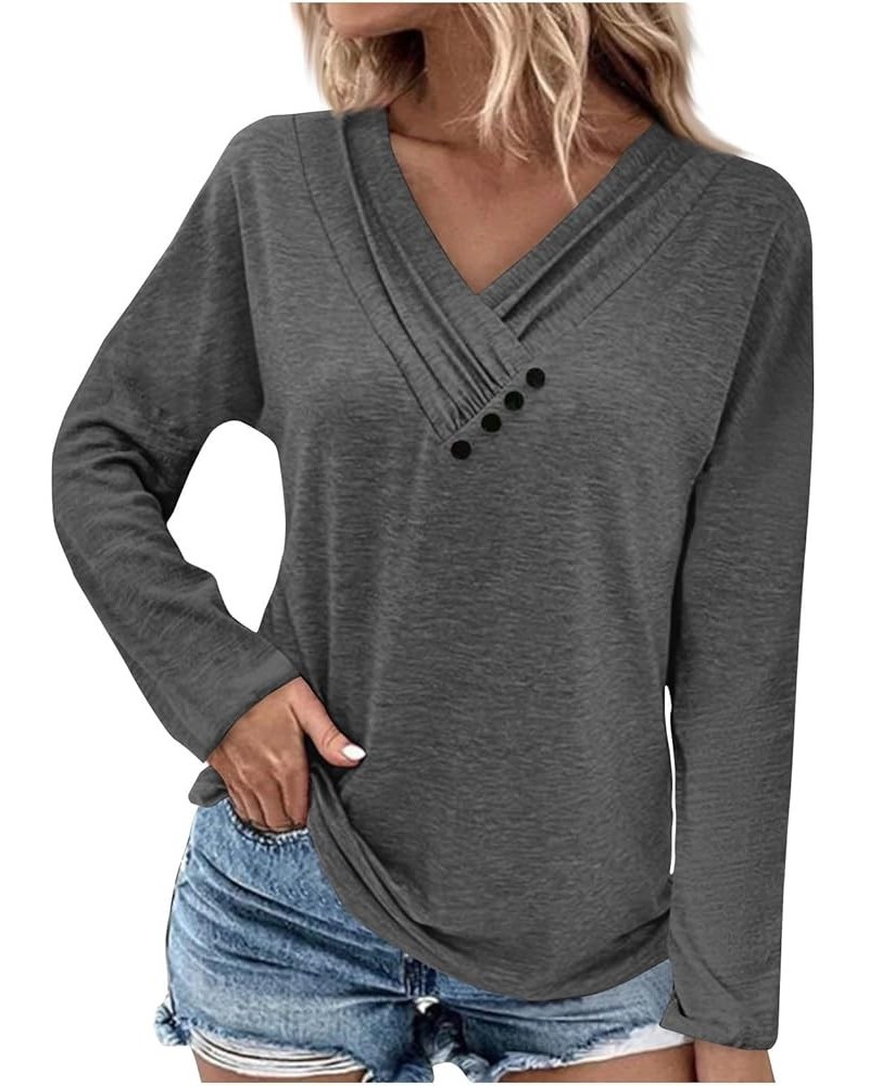 Womens Fall Fashion 2023 Long Sleeve Solid Color Pullover Chest Panel Ruched Button V Neck T Shirt Dressy Outfits 4-gray $10....